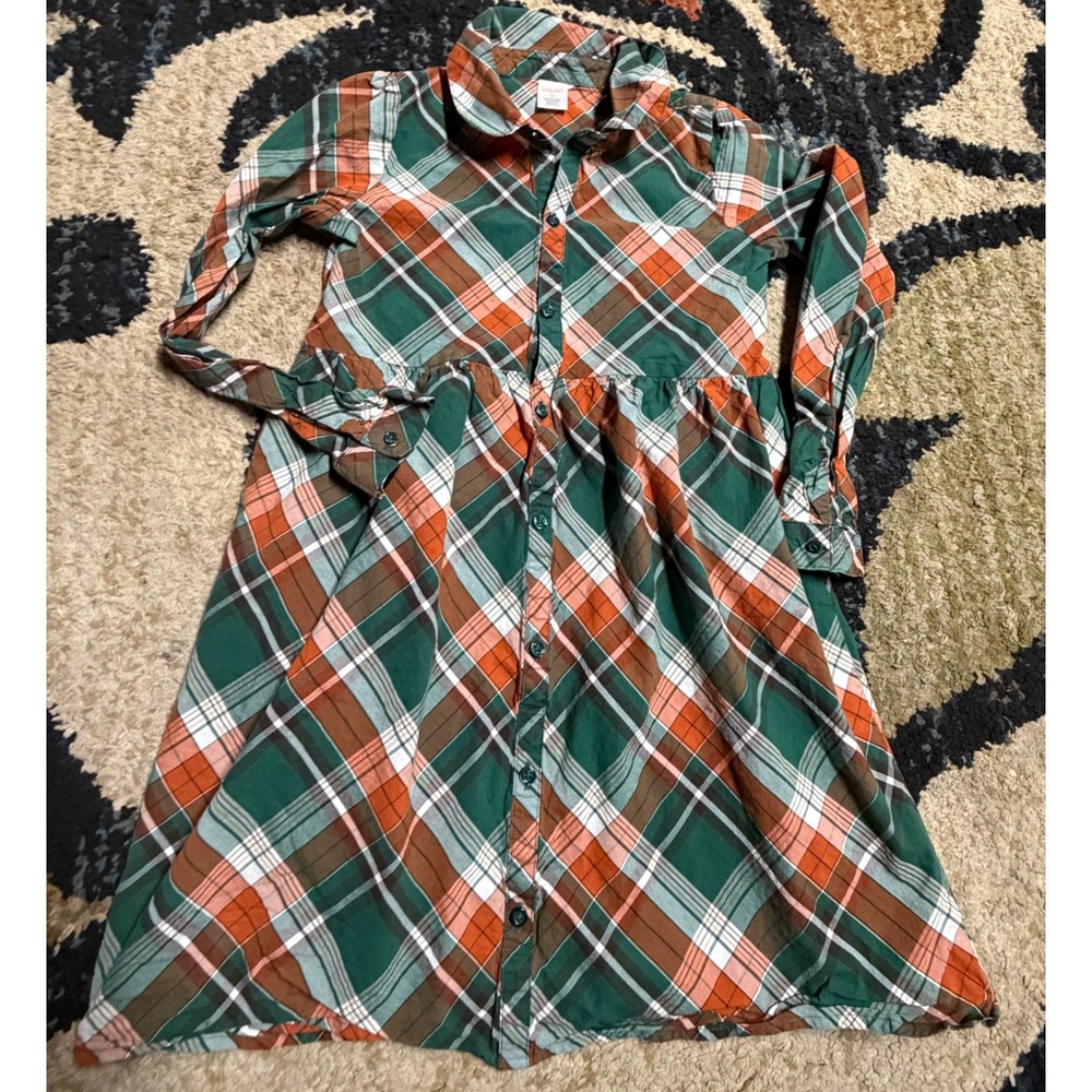 Gymboree Girls Size 12 Green Orange Plaid Long Sleeve Cotton Button Front Dress